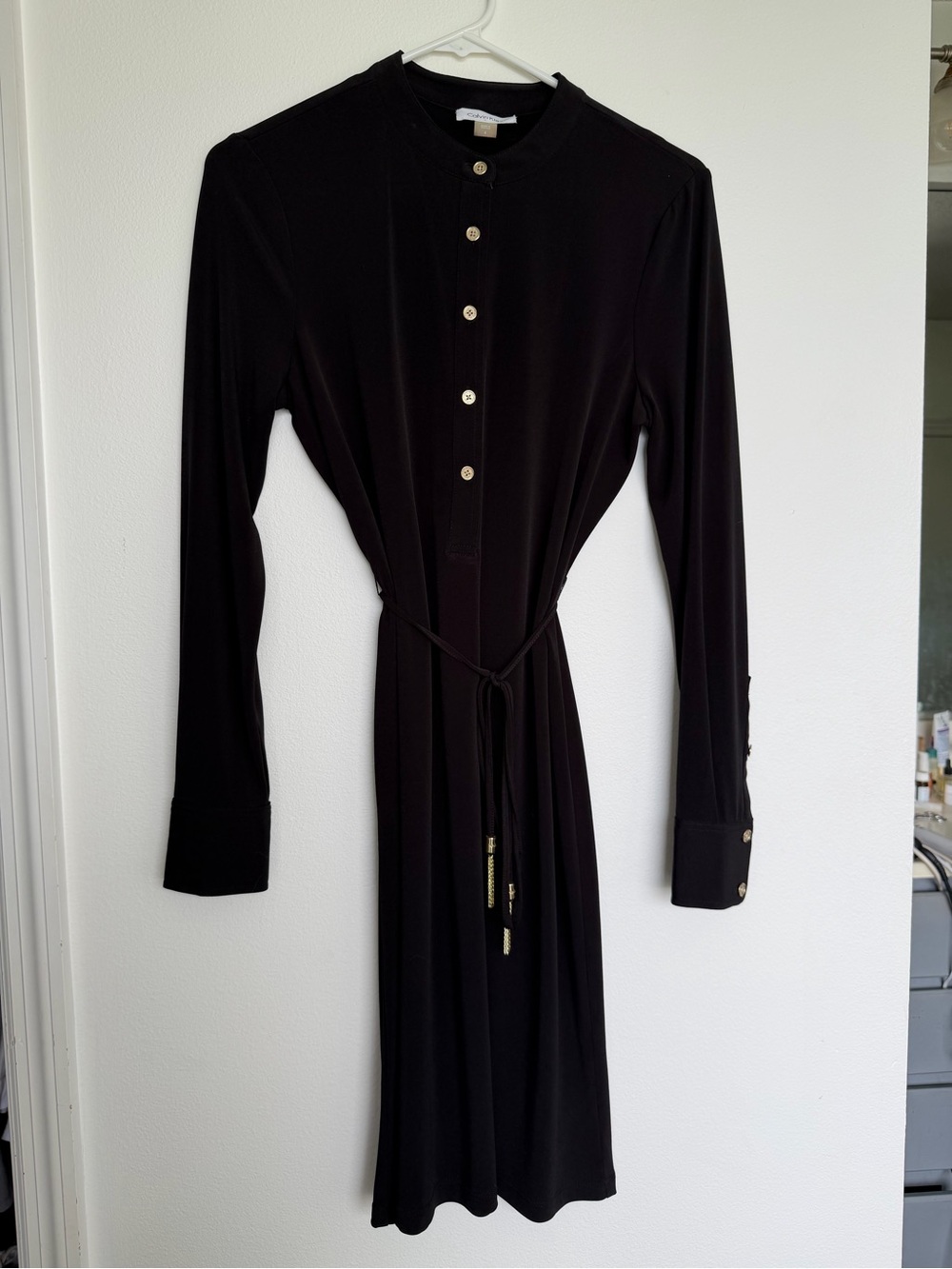 Classic Black Long Sleeve Button-Front Dress with Waist Tie